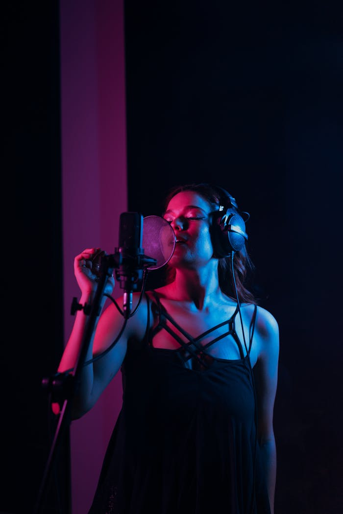 Woman singing passionately in a recording studio under ambient lighting.